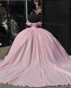 Glitter Off The Shoulder Pink Ball Gown Quinceanera Dresses - Curvevia