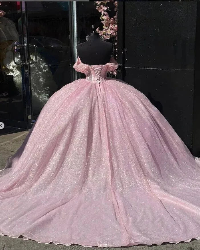 Glitter Off The Shoulder Pink Ball Gown Quinceanera Dresses - Curvevia