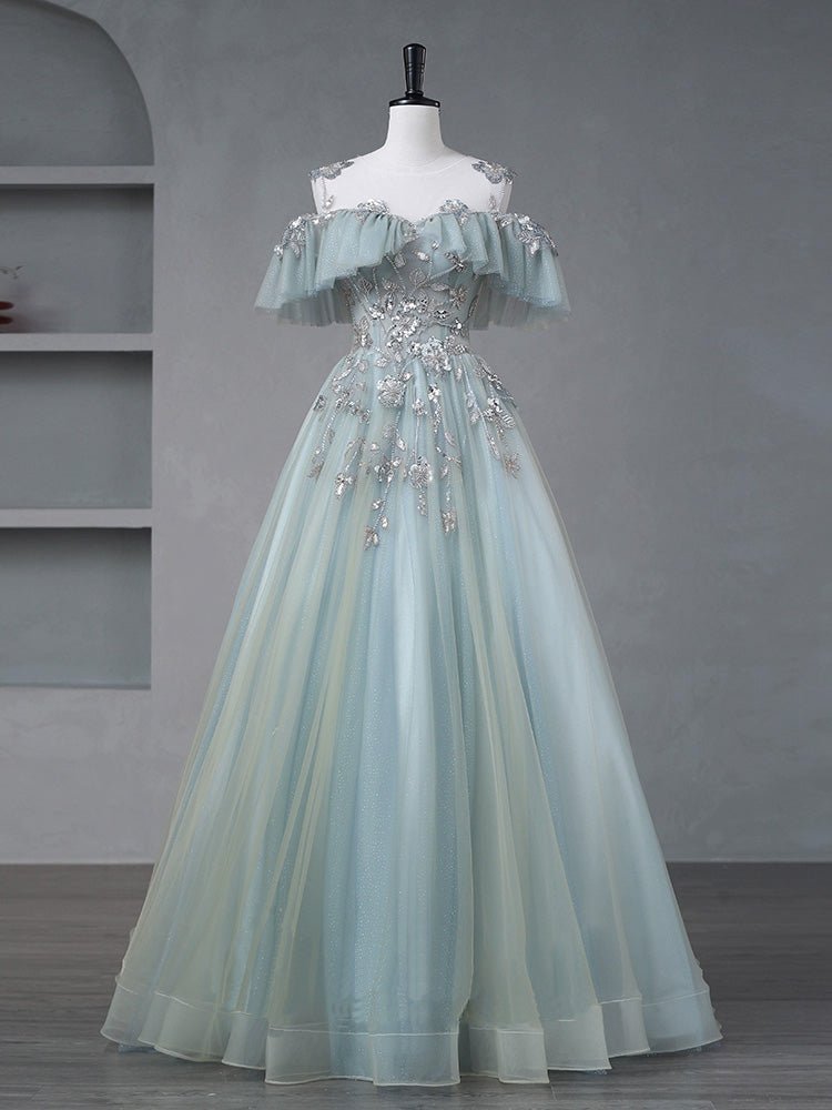 A-Line Blue Tulle sequin Lace Long Lace Sweet Quinceanera Dress - Curvevia