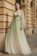 Sage Long Sleeves A Line Tulle Prom Dress With Appliques - Curvevia