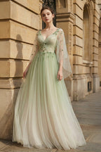 Sage Long Sleeves A Line Tulle Prom Dress With Appliques - Curvevia