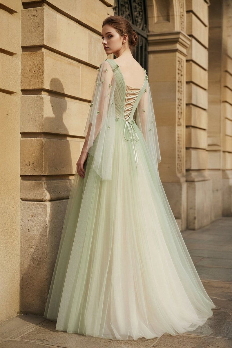 Sage Long Sleeves A Line Tulle Prom Dress With Appliques - Curvevia