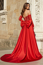 Red Sweetheart Satin Beaded Long Prom Dress With Split - Curvevia