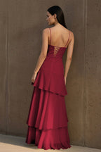 Yellow Spaghetti Straps Chiffon Sheath Long Wedding Guest Dress With Ruffles - Curvevia