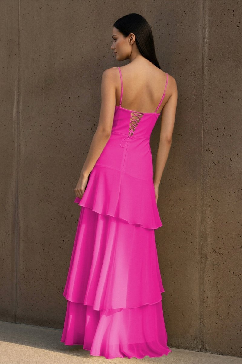 Yellow Spaghetti Straps Chiffon Sheath Long Wedding Guest Dress With Ruffles - Curvevia