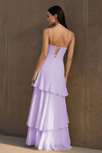 Yellow Spaghetti Straps Chiffon Sheath Long Wedding Guest Dress With Ruffles - Curvevia