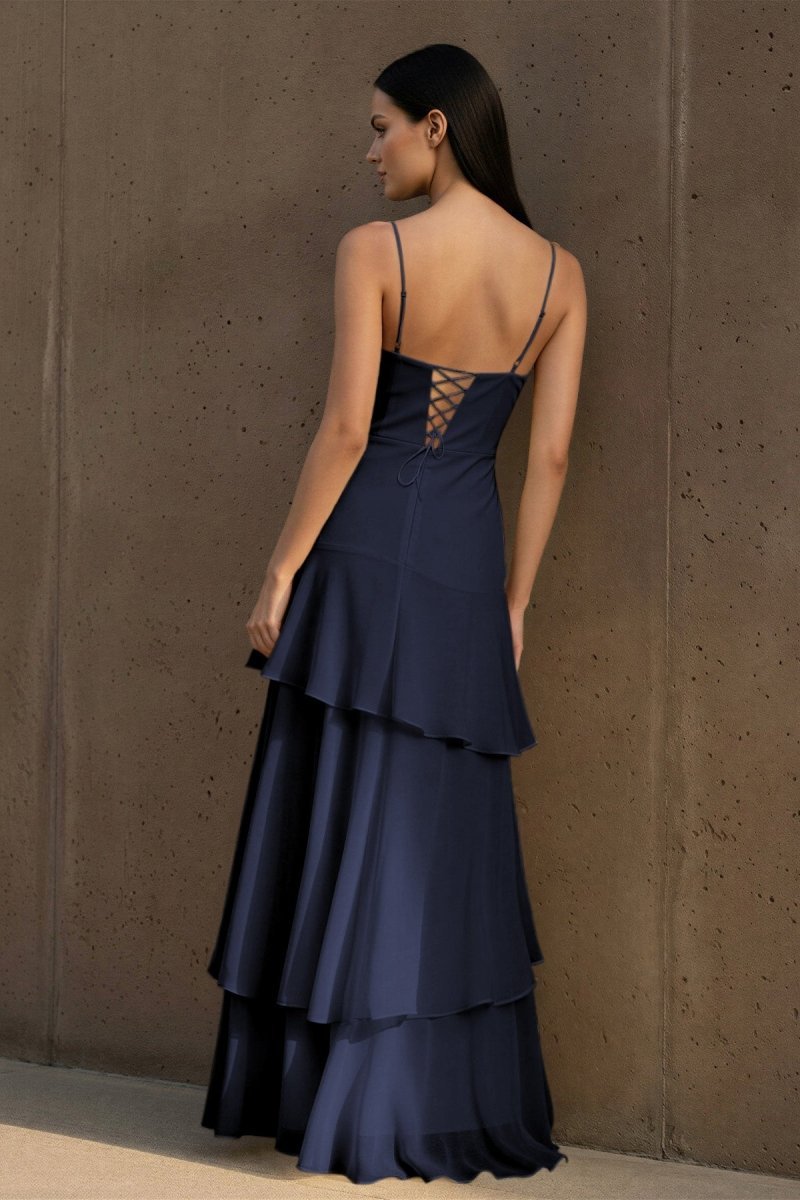 Yellow Spaghetti Straps Chiffon Sheath Long Wedding Guest Dress With Ruffles - Curvevia
