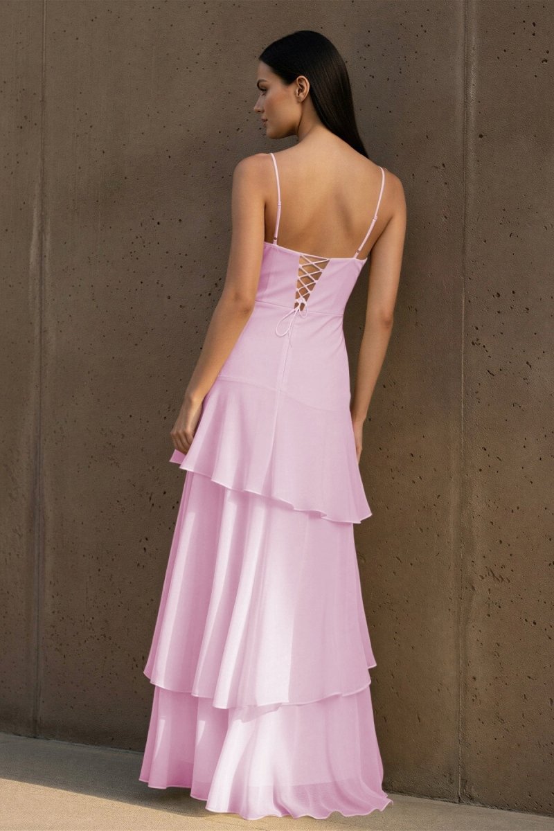 Yellow Spaghetti Straps Chiffon Sheath Long Wedding Guest Dress With Ruffles - Curvevia