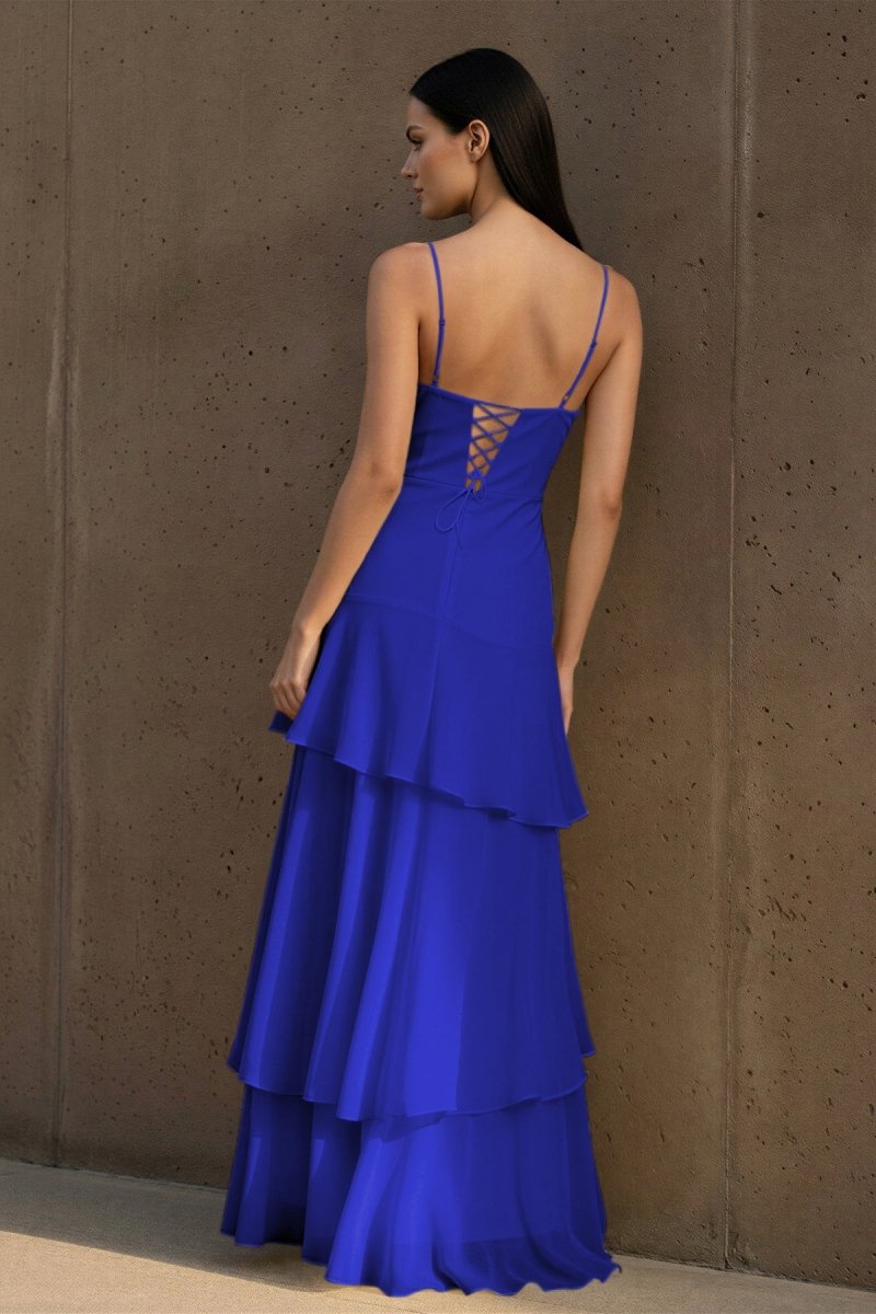 Yellow Spaghetti Straps Chiffon Sheath Long Wedding Guest Dress With Ruffles - Curvevia