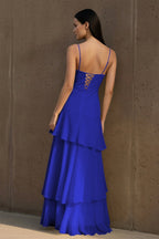 Yellow Spaghetti Straps Chiffon Sheath Long Wedding Guest Dress With Ruffles - Curvevia