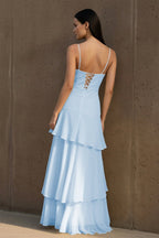 Yellow Spaghetti Straps Chiffon Sheath Long Wedding Guest Dress With Ruffles - Curvevia