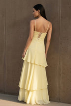 Yellow Spaghetti Straps Chiffon Sheath Long Wedding Guest Dress With Ruffles - Curvevia