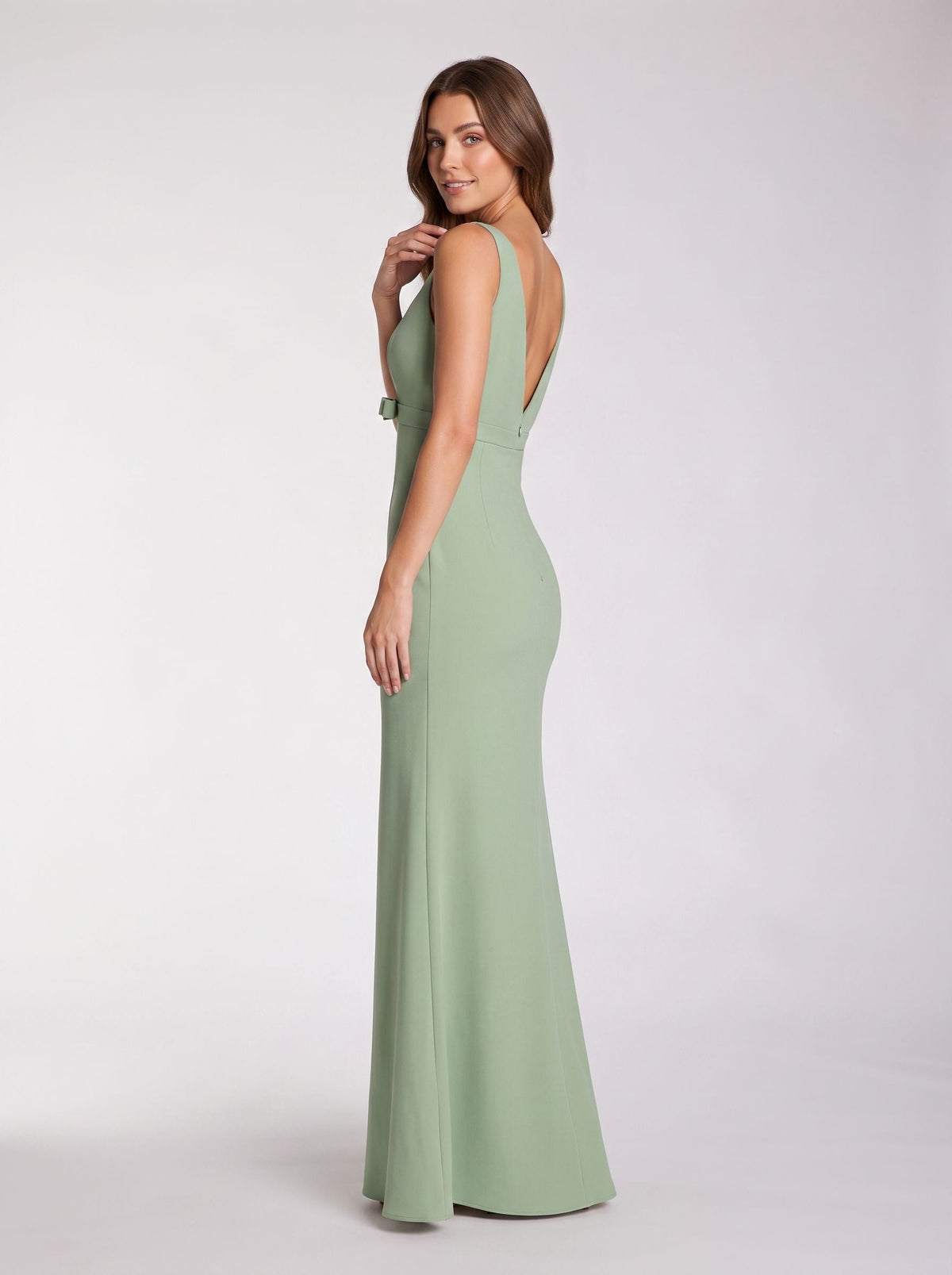 Dusty Sage Crepe Mermaid V-Neck V-Back Floor-Length Dress with Bow Bodice - Curvevia