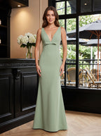 Dusty Sage Crepe Mermaid V-Neck V-Back Floor-Length Dress with Bow Bodice - Curvevia