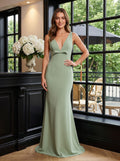 Dusty Sage Crepe Mermaid V-Neck V-Back Floor-Length Dress with Bow Bodice - Curvevia