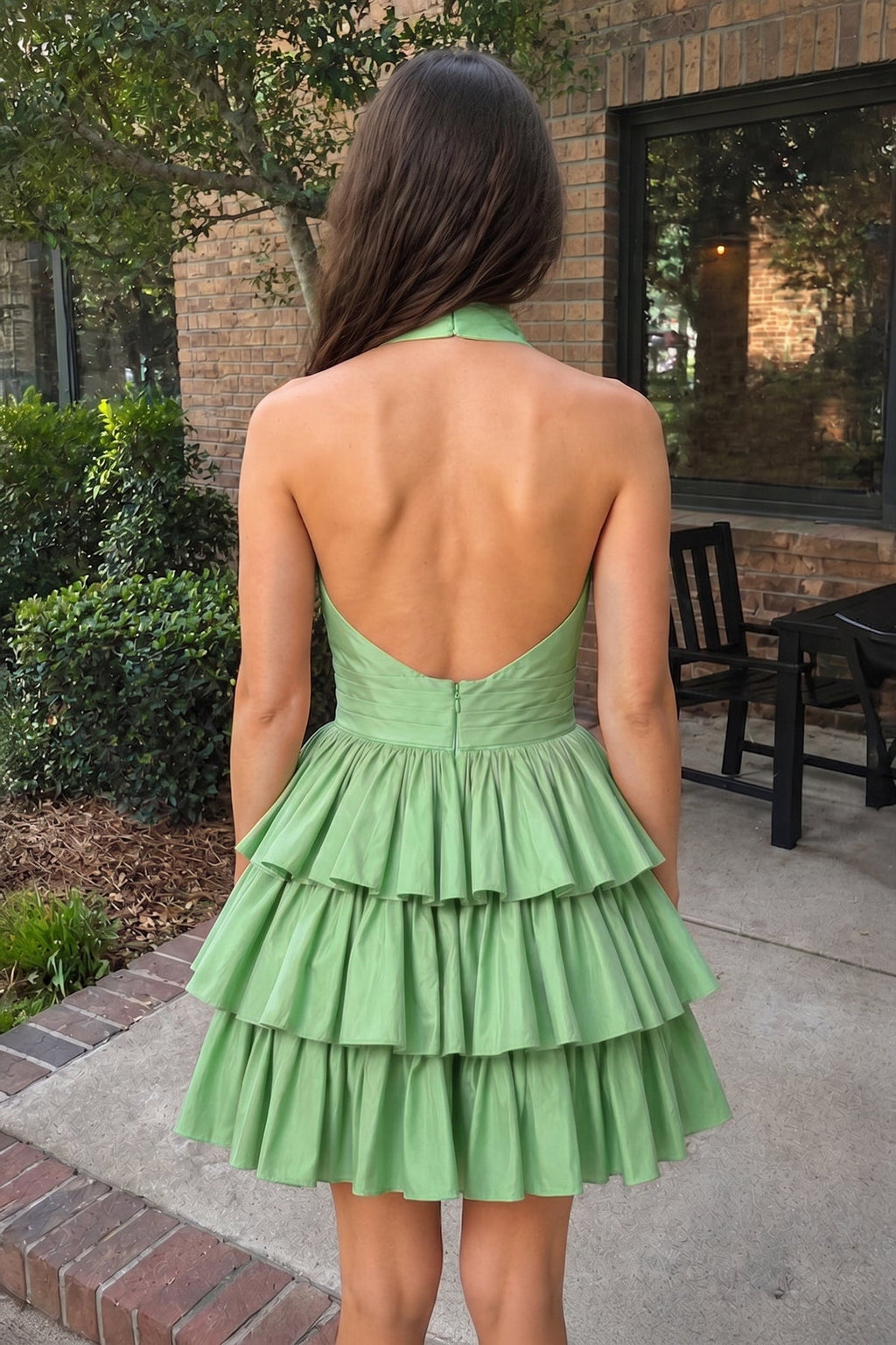A-Line Deep Halter Satin Short Wedding Guest Dress with Ruffles - Curvevia