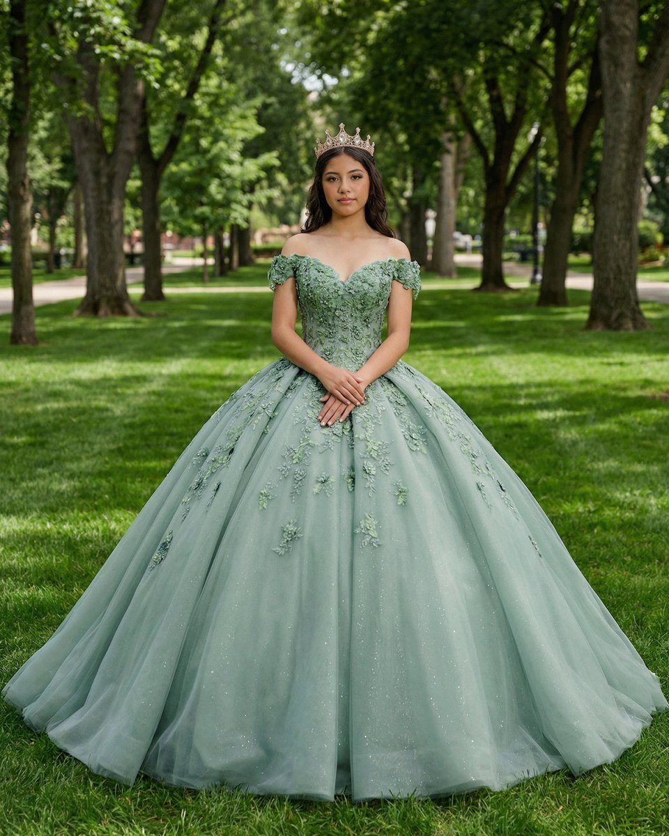 Sage Green Ball-Gown Off-the-Shoulder Quinceanera Dresses - Curvevia