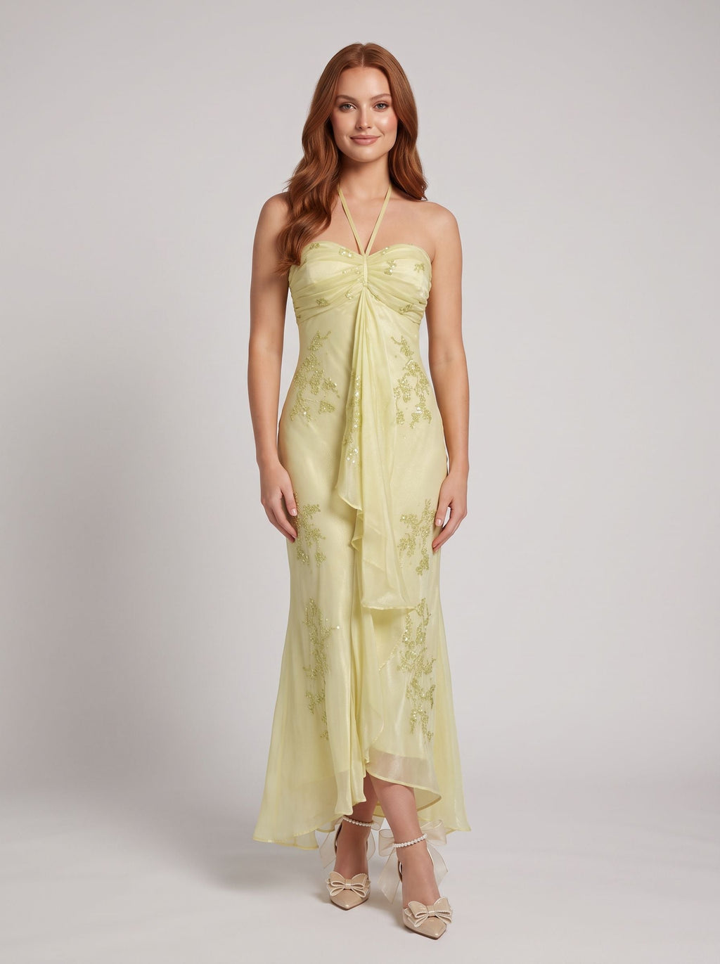 Green Chiffon A-Line Straight Neck Back Zip Floor-Length Dress with Beaded Bodice & Pleated Skirt - Curvevia