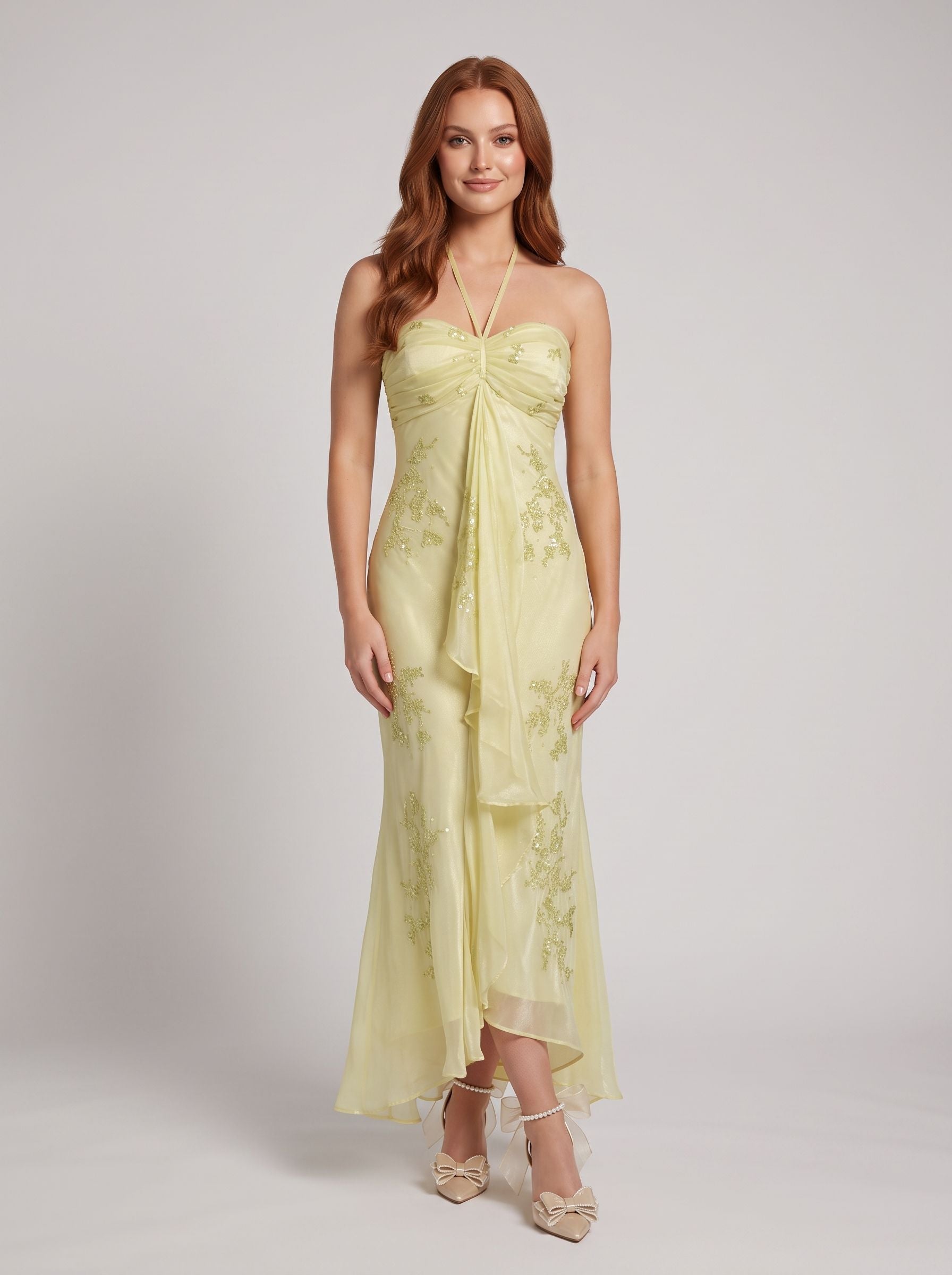 Green Chiffon A-Line Straight Neck Back Zip Floor-Length Dress with Beaded Bodice & Pleated Skirt - Curvevia