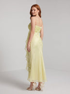 Green Chiffon A-Line Straight Neck Back Zip Floor-Length Dress with Beaded Bodice & Pleated Skirt - Curvevia