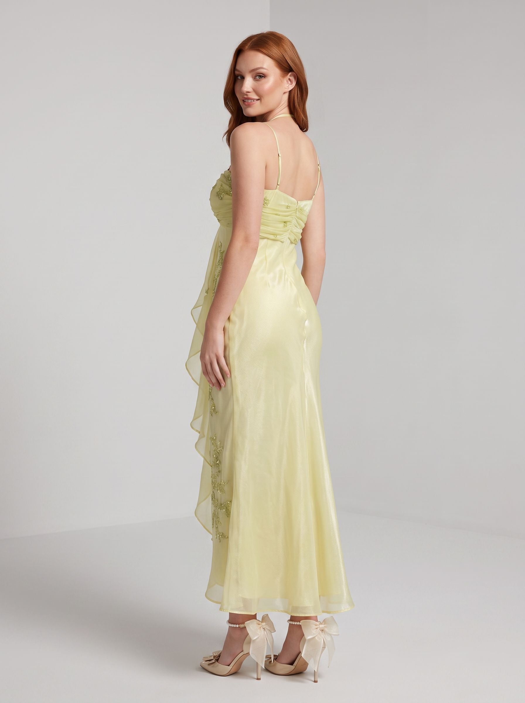 Green Chiffon A-Line Straight Neck Back Zip Floor-Length Dress with Beaded Bodice & Pleated Skirt - Curvevia