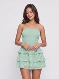 Mint Green Chiffon A-Line Straight Neck Back Zip Short Dress with Tiered Ruffles - Curvevia