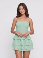 Mint Green Chiffon A-Line Straight Neck Back Zip Short Dress with Tiered Ruffles - Curvevia