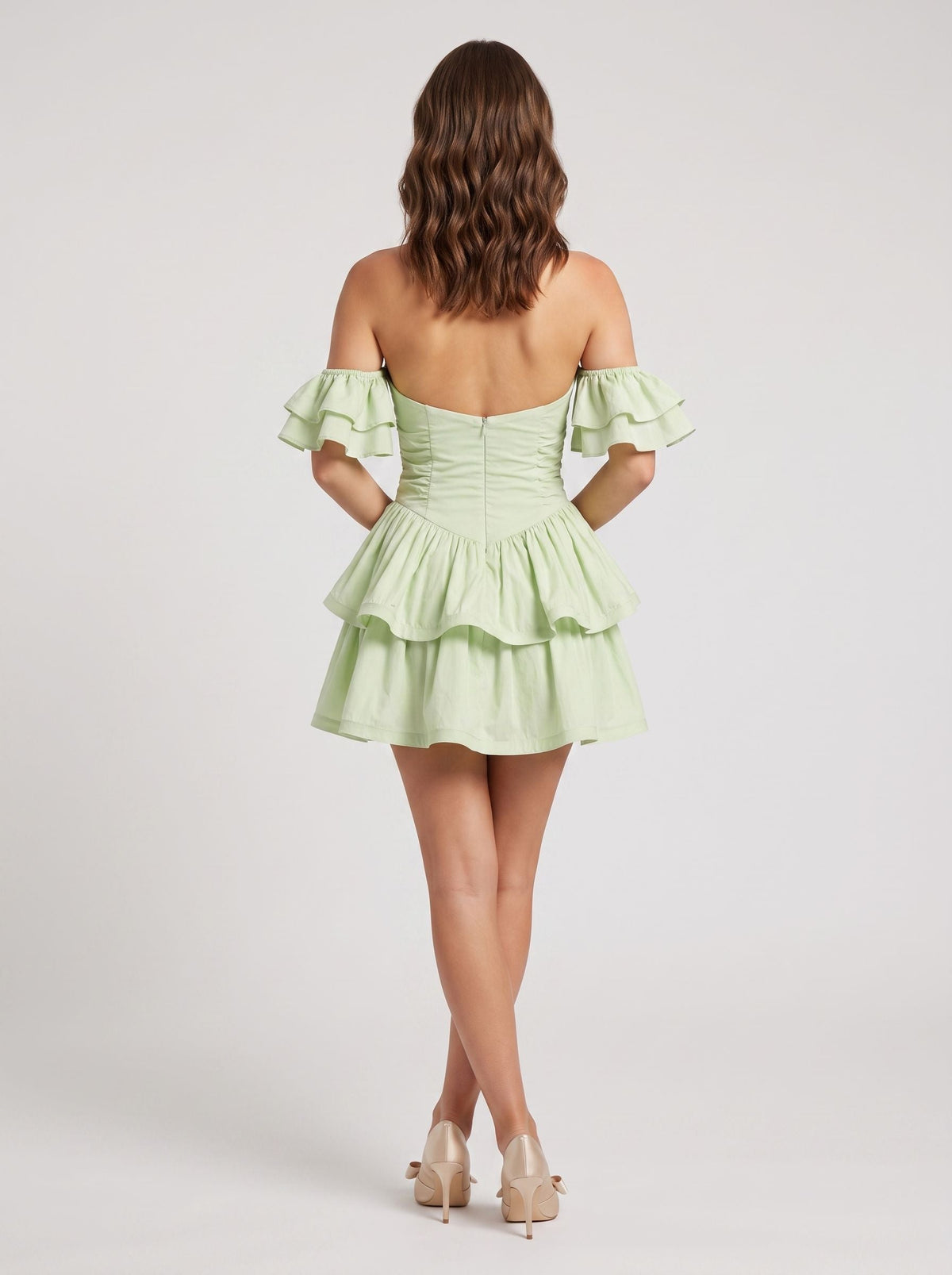 Green Satin A-Line Halter neckline Backless Short Dress with Tiered Skirt - Curvevia