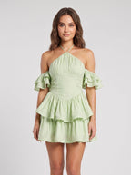 Green Satin A-Line Halter neckline Backless Short Dress with Tiered Skirt - Curvevia