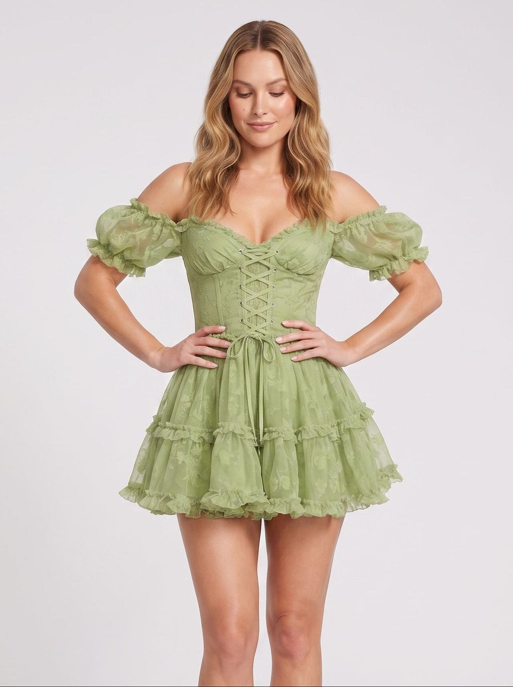 Sage Green Tulle A-Line Sweetheart Backless Short Dress with Tiered Ruffles - Curvevia
