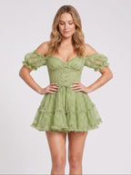 Sage Green Tulle A-Line Sweetheart Backless Short Dress with Tiered Ruffles - Curvevia