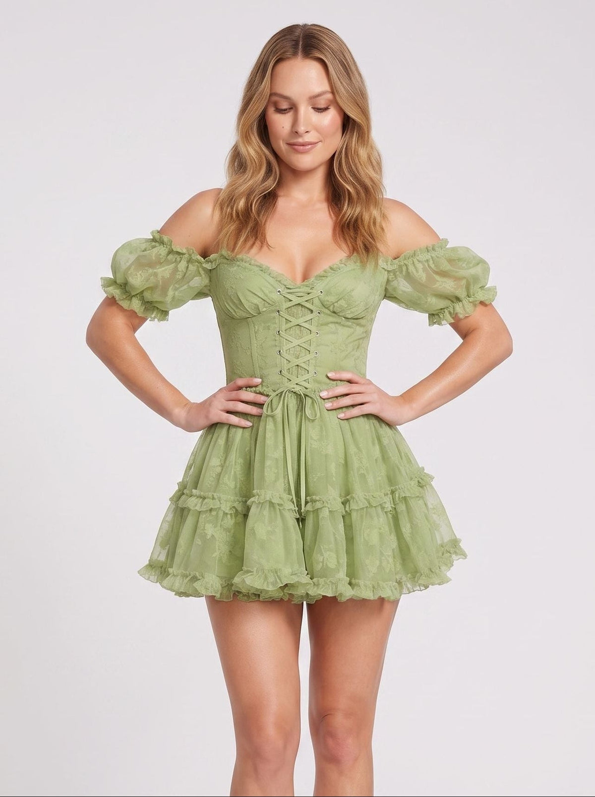 Sage Green Tulle A-Line Sweetheart Backless Short Dress with Tiered Ruffles - Curvevia