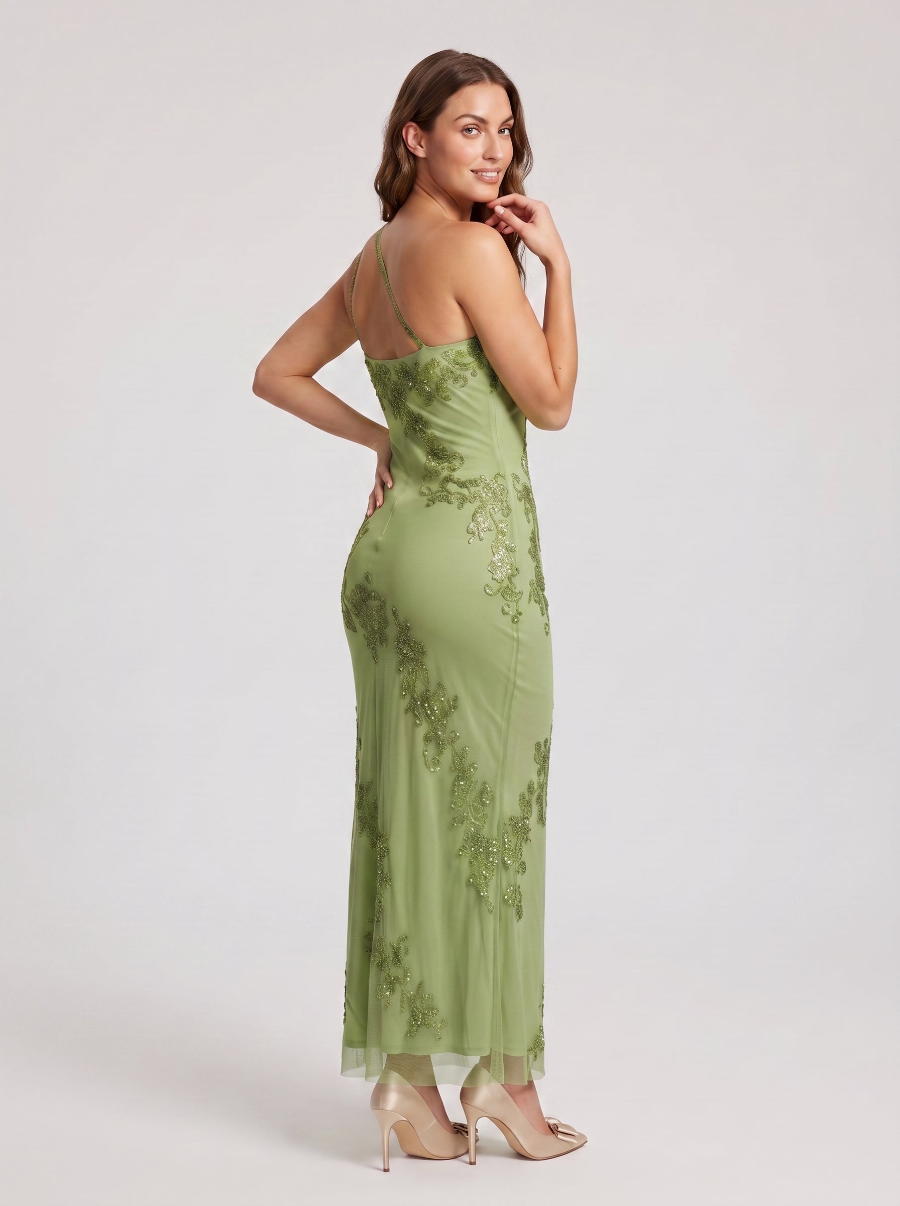 Sage Green Chiffon Mermaid One Shoulder Back Zip Floor-Length Dress with Pleating - Curvevia