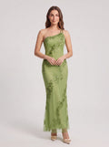 Sage Green Chiffon Mermaid One Shoulder Back Zip Floor-Length Dress with Pleating - Curvevia