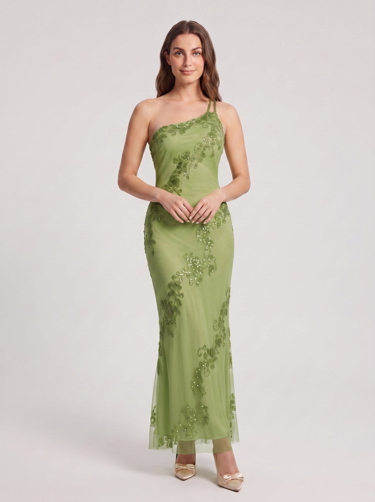 Sage Green Chiffon Mermaid One Shoulder Back Zip Floor-Length Dress with Pleating - Curvevia