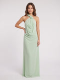 Dusty Sage Chiffon Column Halter Neckline Backless Floor-Length Dress with Rose Applique - Curvevia