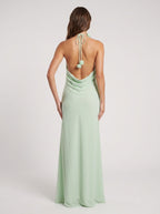 Dusty Sage Chiffon Column Halter Neckline Backless Floor-Length Dress with Rose Applique - Curvevia