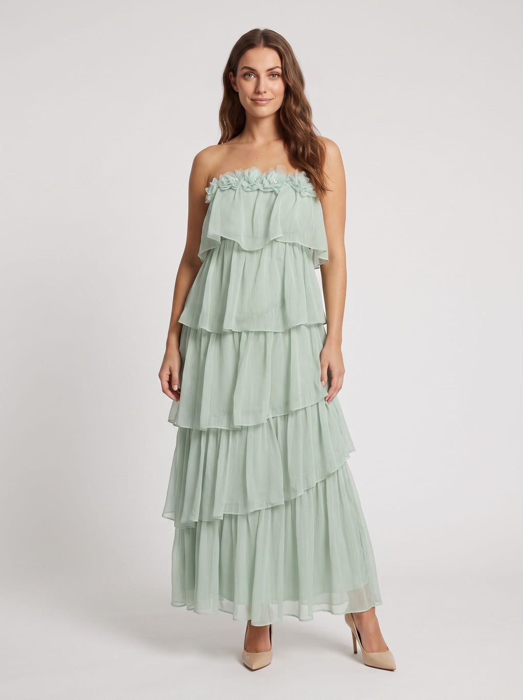 Dusty Sage Chiffon A-Line Straight Neck Back Zip Floor-Length Dress with Tiered Ruffles - Curvevia