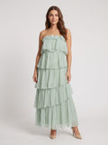 Dusty Sage Chiffon A-Line Straight Neck Back Zip Floor-Length Dress with Tiered Ruffles - Curvevia
