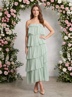 Dusty Sage Chiffon A-Line Straight Neck Back Zip Floor-Length Dress with Tiered Ruffles - Curvevia