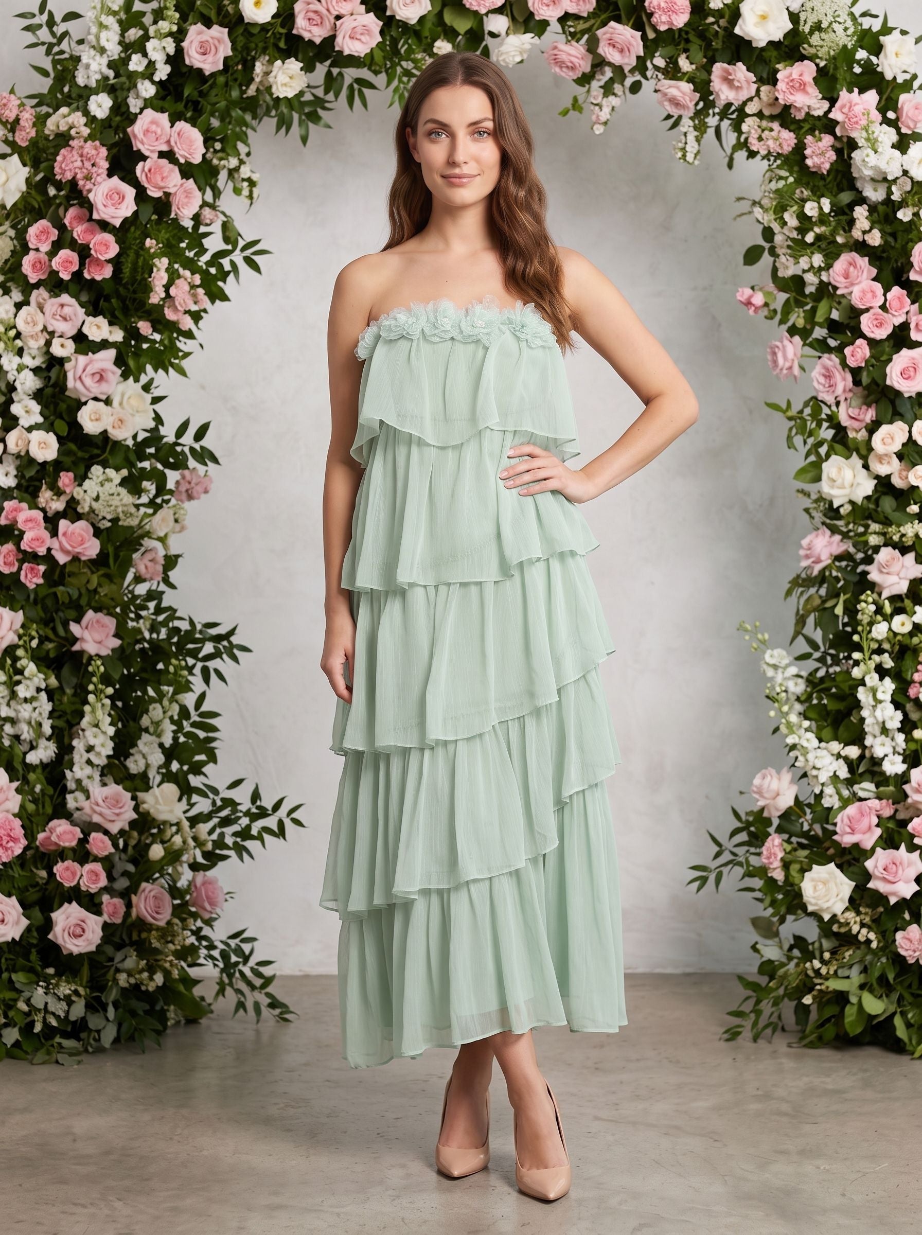 Dusty Sage Chiffon A-Line Straight Neck Back Zip Floor-Length Dress with Tiered Ruffles - Curvevia