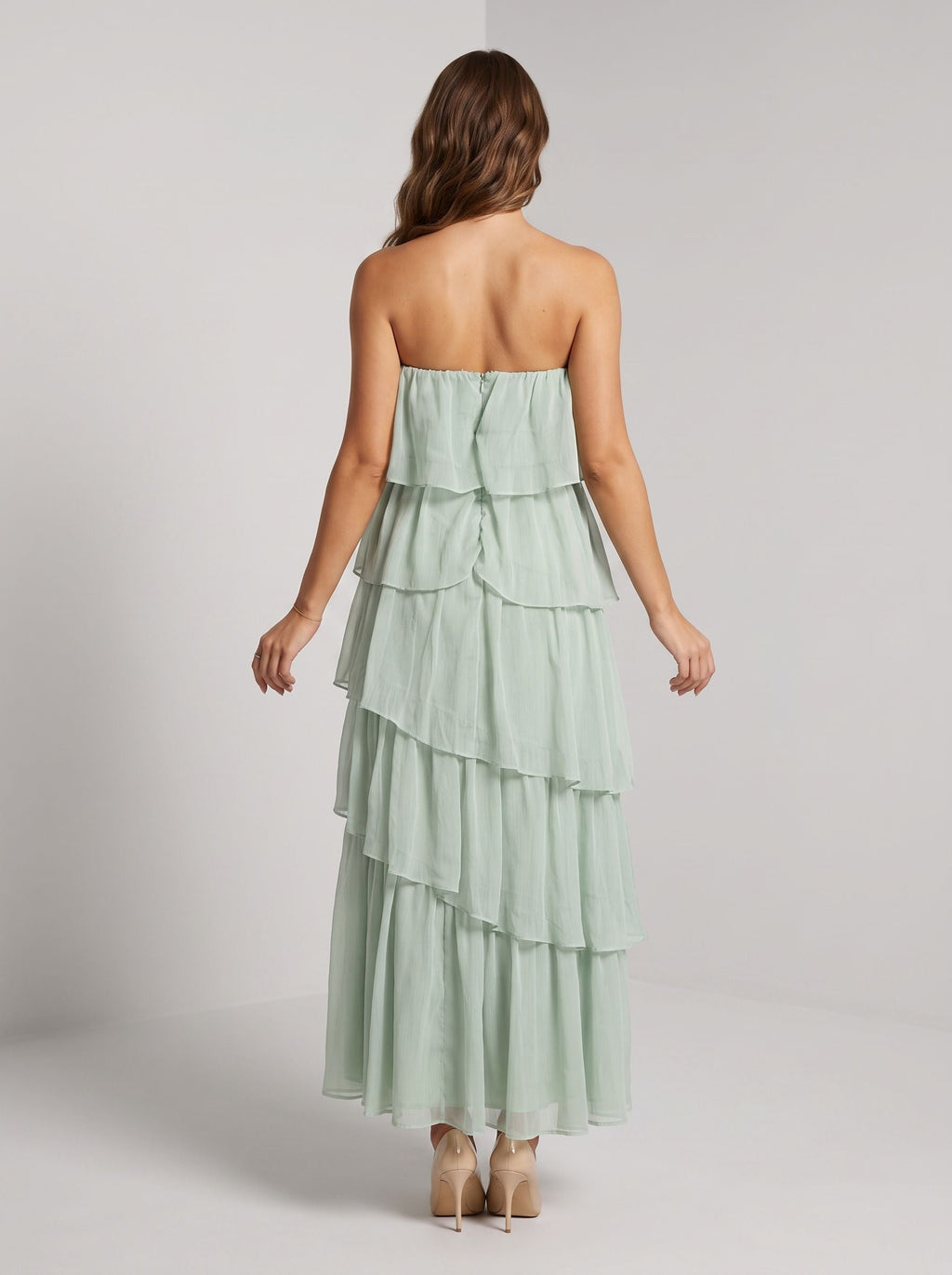 Dusty Sage Chiffon A-Line Straight Neck Back Zip Floor-Length Dress with Tiered Ruffles - Curvevia
