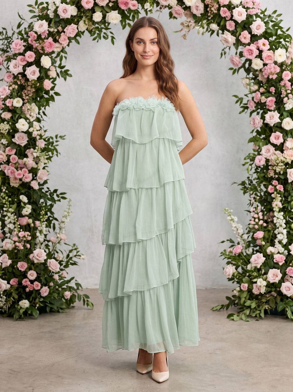 Dusty Sage Chiffon A-Line Straight Neck Back Zip Floor-Length Dress with Tiered Ruffles - Curvevia