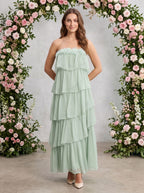 Dusty Sage Chiffon A-Line Straight Neck Back Zip Floor-Length Dress with Tiered Ruffles - Curvevia