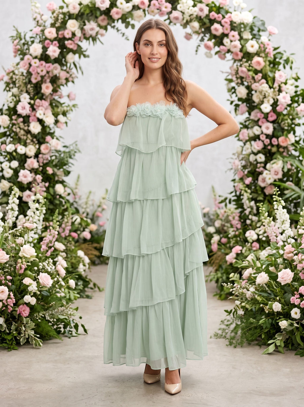 Dusty Sage Chiffon A-Line Straight Neck Back Zip Floor-Length Dress with Tiered Ruffles - Curvevia