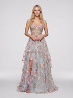 Purple Floral Tulle A-Line Sweetheart Criss-Cross Straps Floor-Length Dress with 3D Appliques - Curvevia