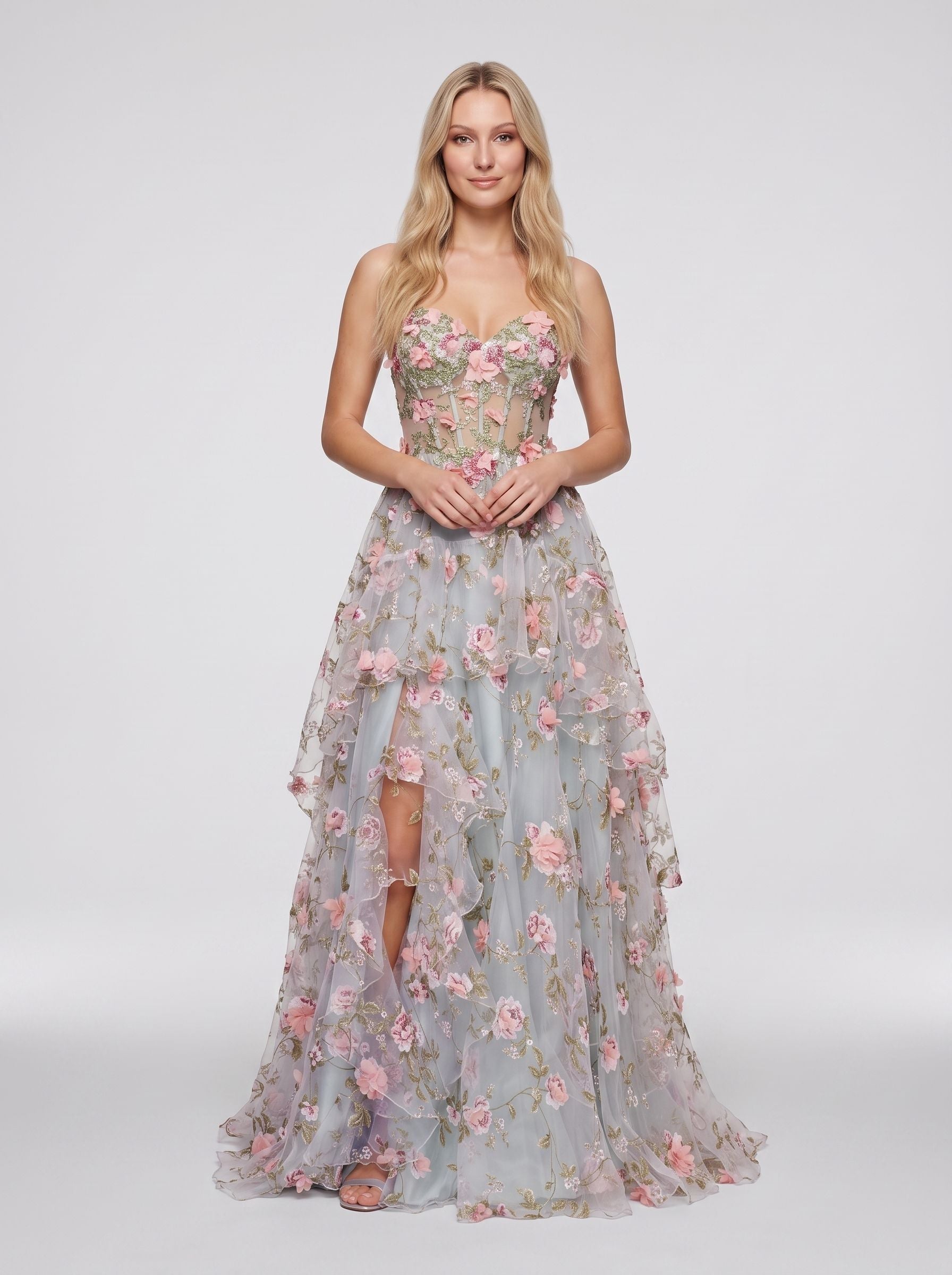 Purple Floral Tulle A-Line Sweetheart Criss-Cross Straps Floor-Length Dress with 3D Appliques - Curvevia