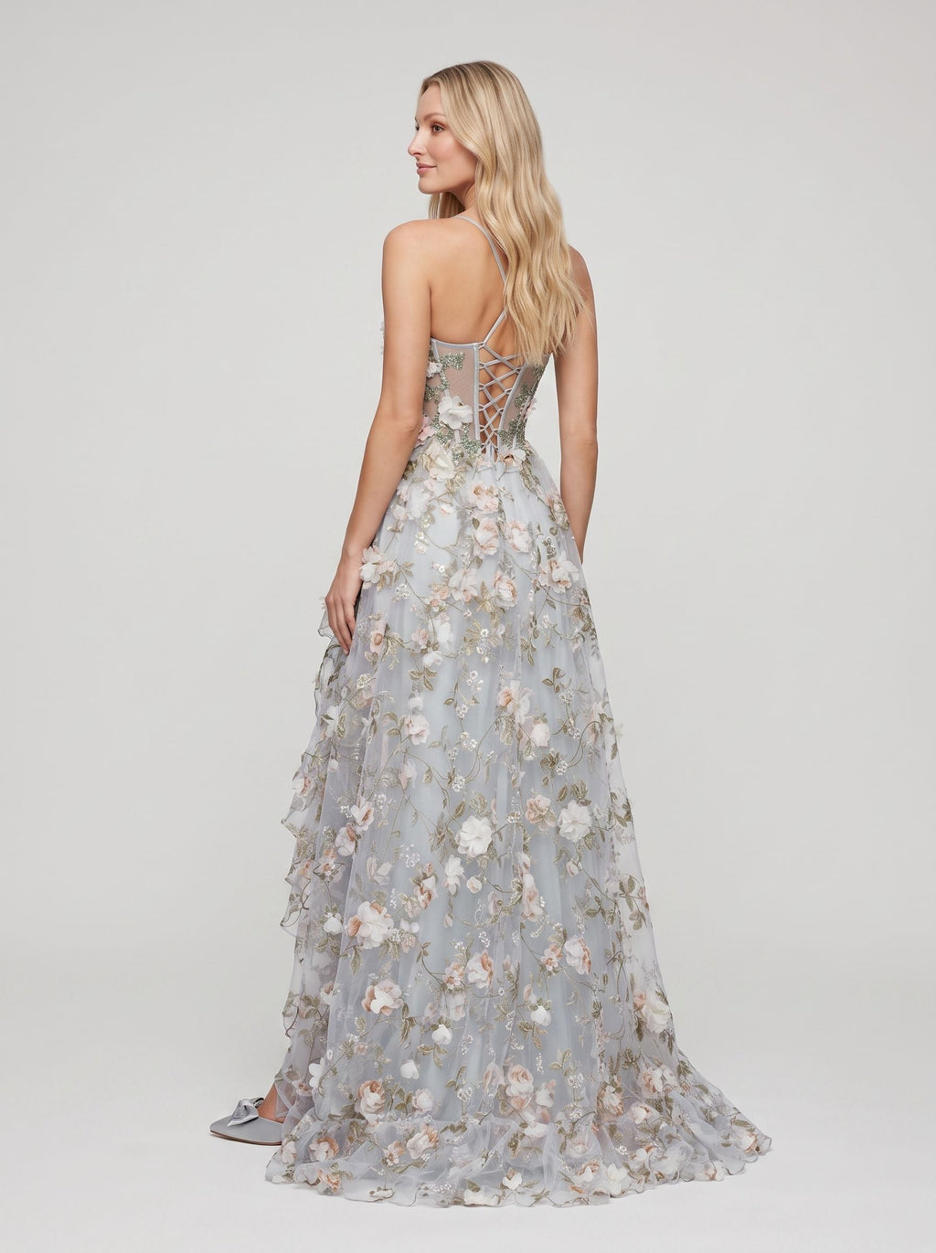 Purple Floral Tulle A-Line Sweetheart Criss-Cross Straps Floor-Length Dress with 3D Appliques - Curvevia