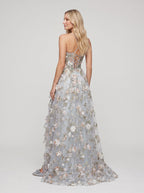 Purple Floral Tulle A-Line Sweetheart Criss-Cross Straps Floor-Length Dress with 3D Appliques - Curvevia