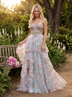 Purple Floral Tulle A-Line Sweetheart Criss-Cross Straps Floor-Length Dress with 3D Appliques - Curvevia